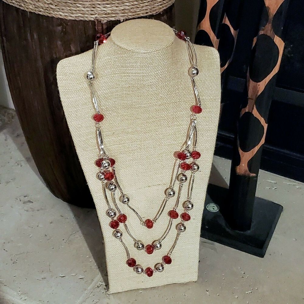 Handcrafted Art Deco Red Silver Draped Multistrand Glass Metal Beads Necklace - Picture 1 of 8